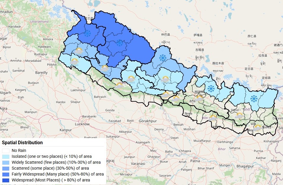 सुदूरपश्चिम र कर्णालीमा हल्का वर्षा जारी, मध्य र पूर्वको आकाशमा बादल