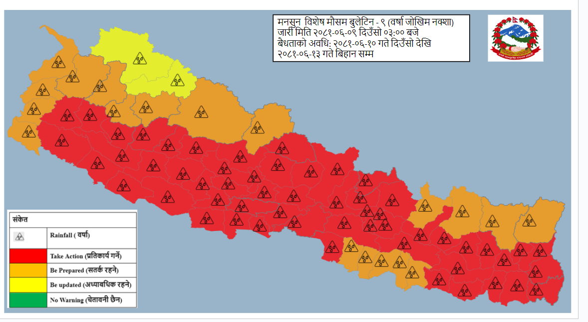 आइतबारसम्म देशभर भारी वर्षा हुने, ५६ जिल्लामा ‘रेड अलर्ट’