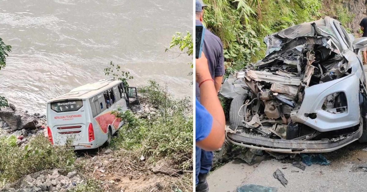 चितवनमा कारसँग ठोकिँदा त्रिशुली किनारमा खस्यो बस, २० जना घाइते