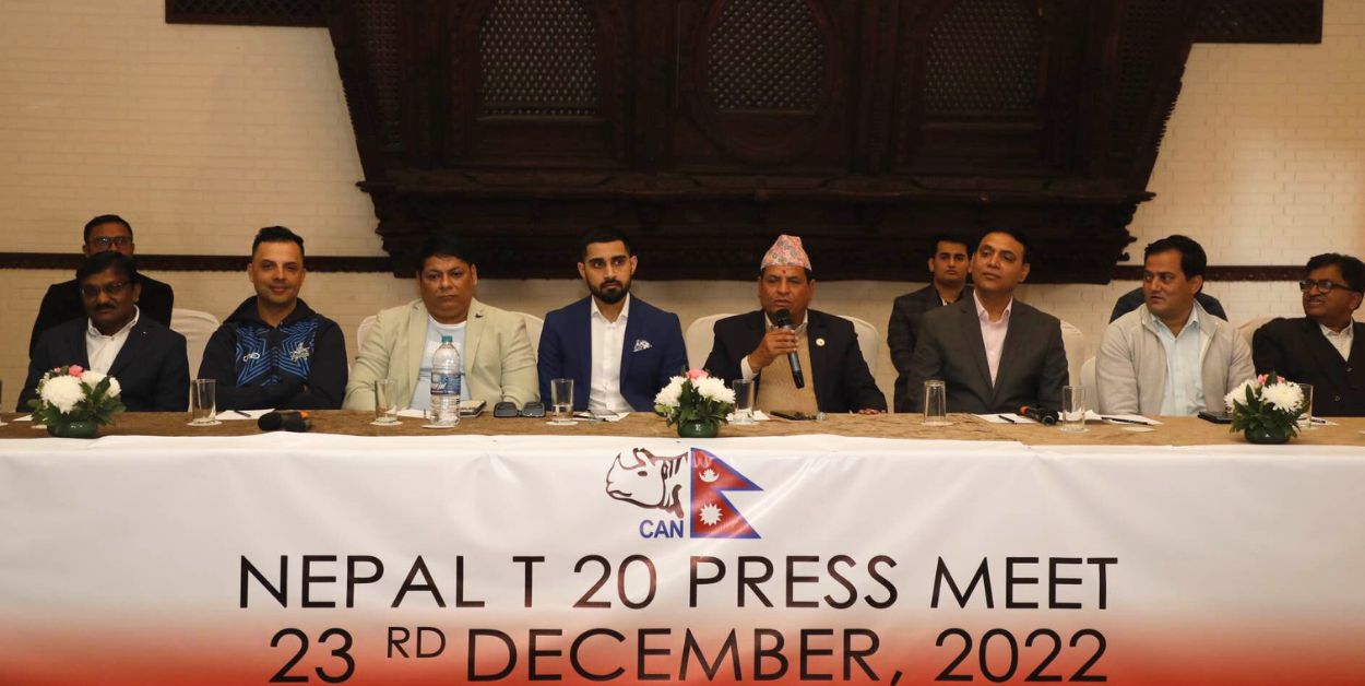 नेपाल टी-२० घोषणा कार्यक्रममा क्यान अध्यक्ष चन्दसहित सहभागी टिमका प्रमुख।