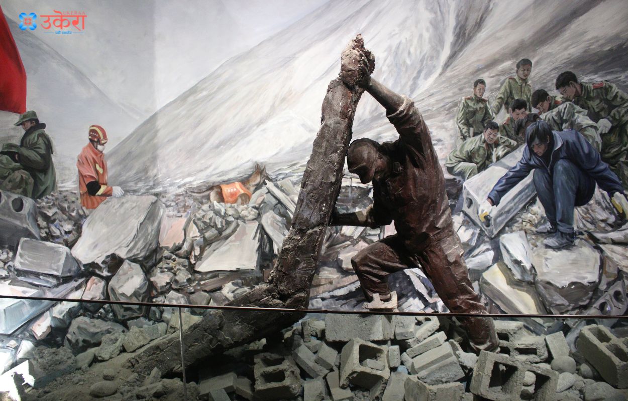 A statue dedicated to the security personnel deployed in search and rescue during the earthquake.