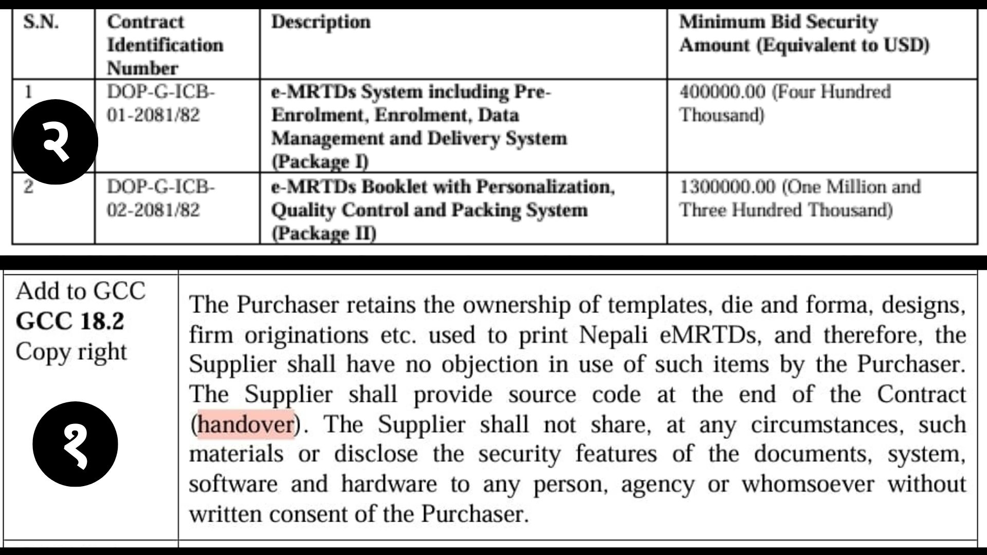 1 - Old tender's conditions/terms, 2 - New tender