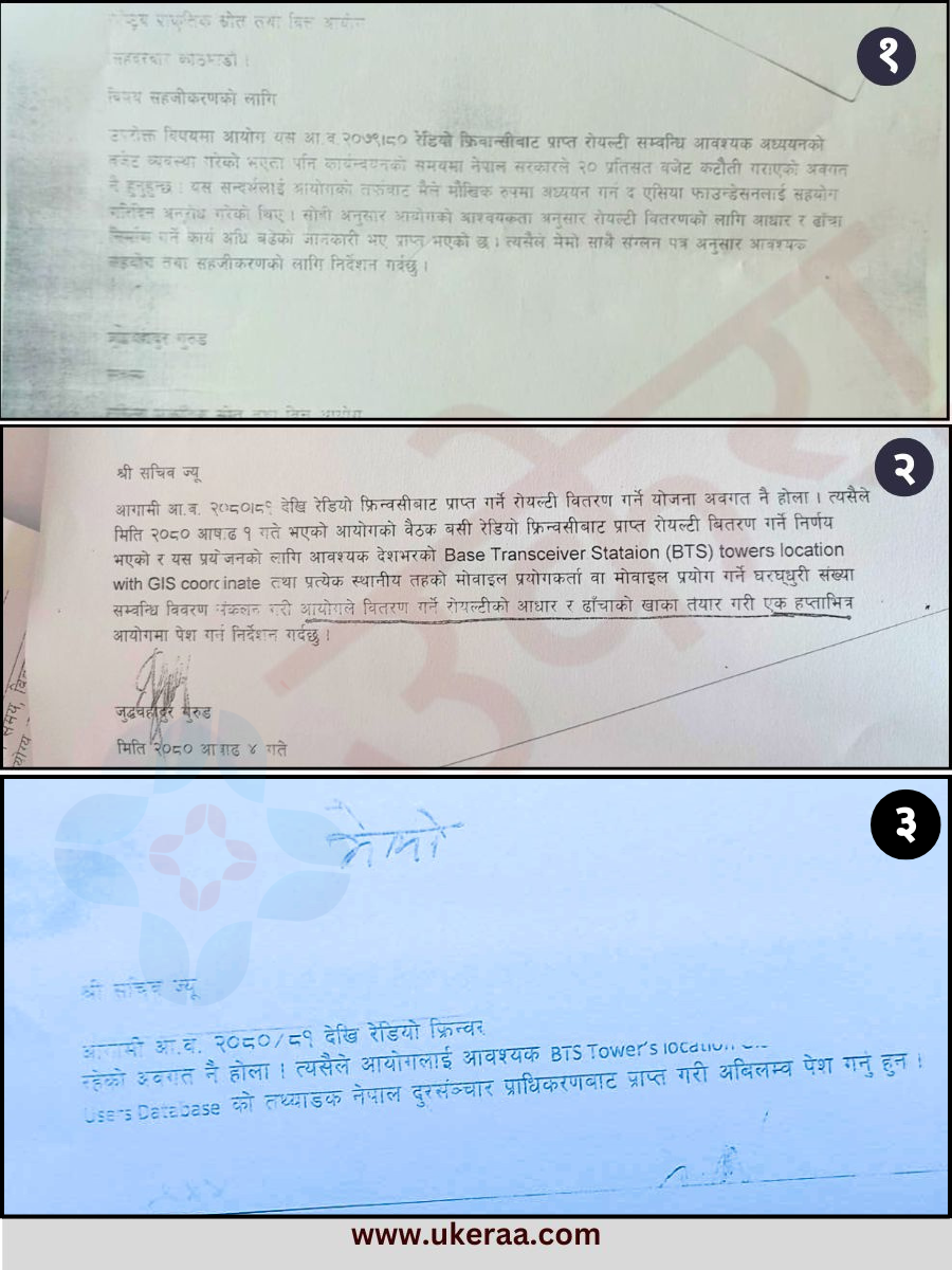 प्रालिको पत्र अनुसार नेपालका मोवाइल प्रयोगकर्ताहरुको गोप्य विवरण उपलब्ध गराउन सदस्य गुरुङले वित्त आयोगका सचिवलाई पटक-पटक ताकेता गरेर पठाएको दुई पत्र र एक मेमो।